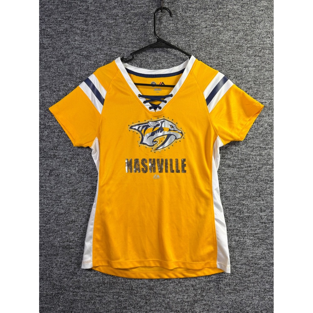 Majestic Nashville Predators NHL Lace Up Jersey Top Gold Sequin Medium